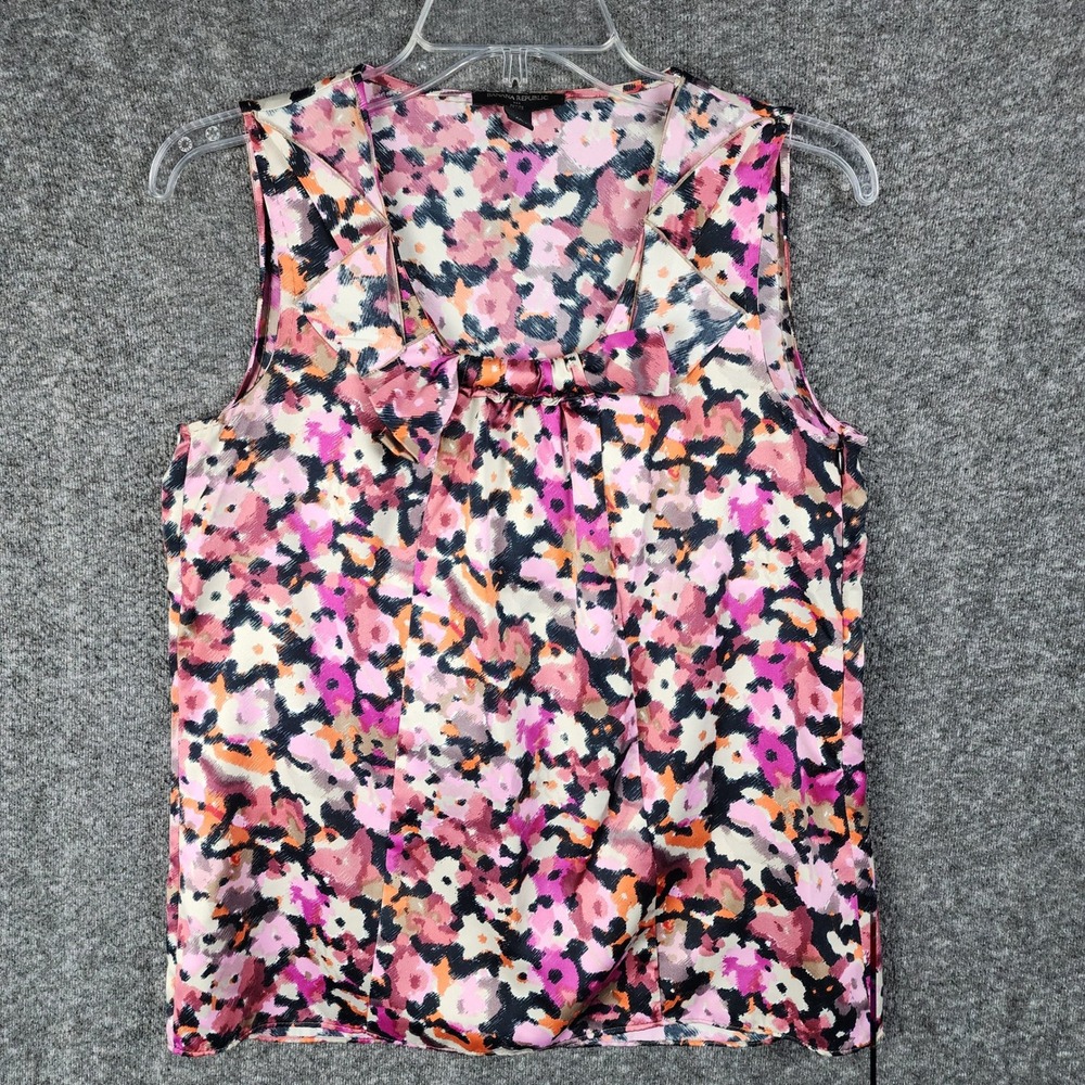 Banana Republic Top Womens PS Pink Floral Bow Neck Sleeveless Blouse EUC